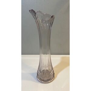 Vintage Lavender Pressed Glass Bud Vase Scalloped Rim Ribbed 11.5 Inch Purple